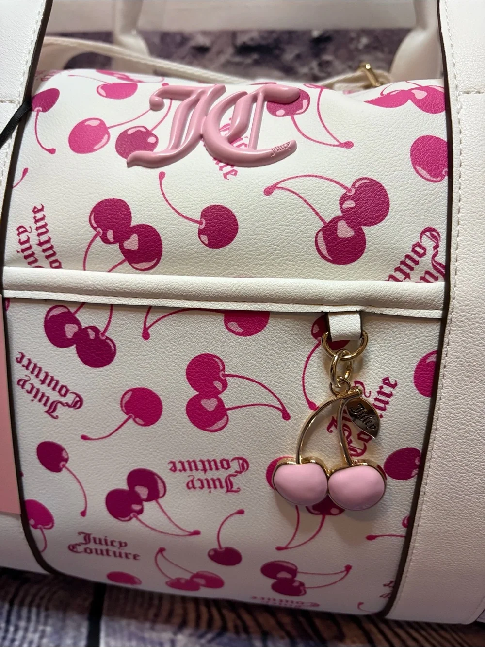 Juicy Couture Cherry Print Weekender Bag White Pink Duffle Travel Bag